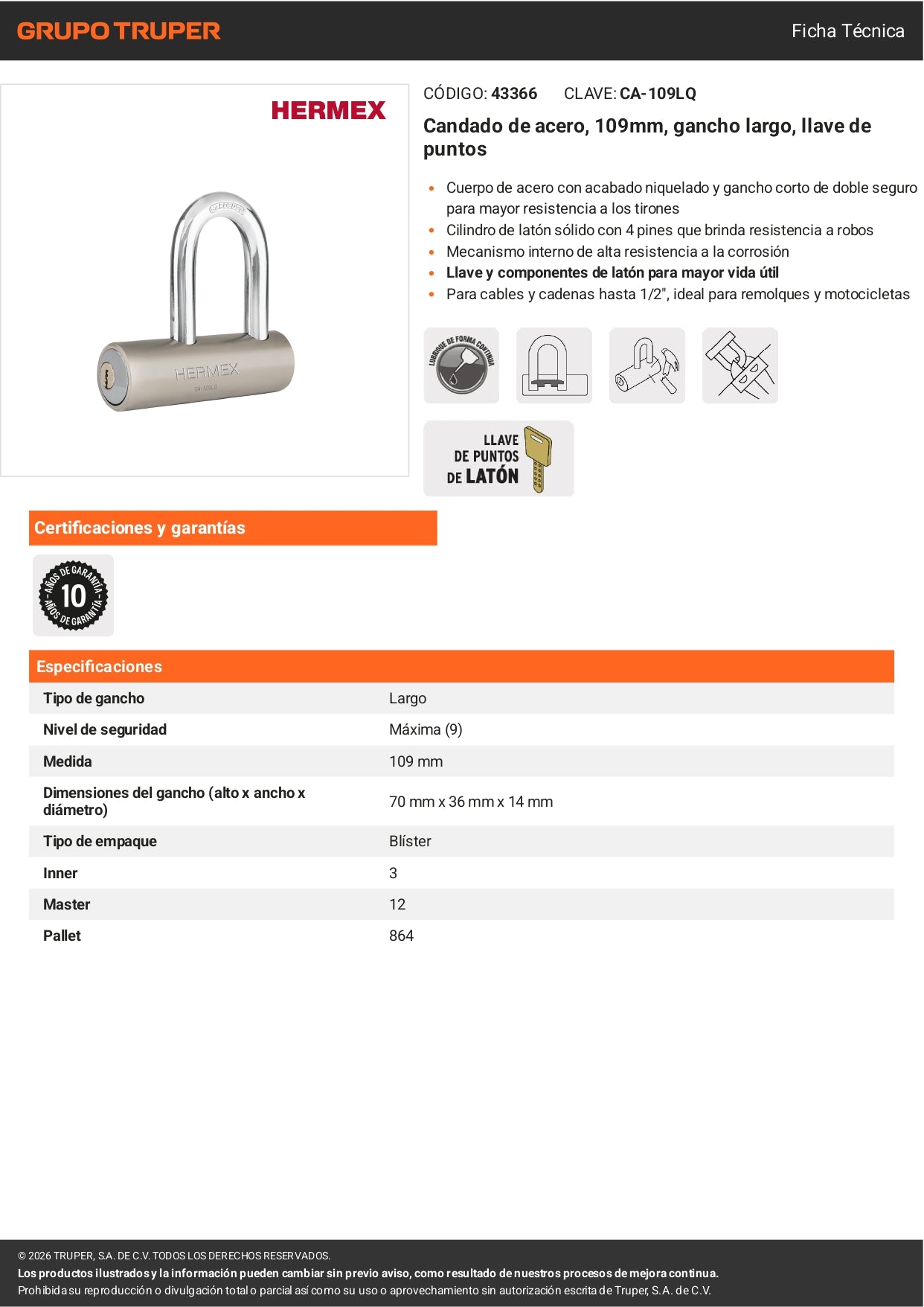 Candado de Seguridad HERMEX 109mm | Gancho Largo, Llave de Puntos