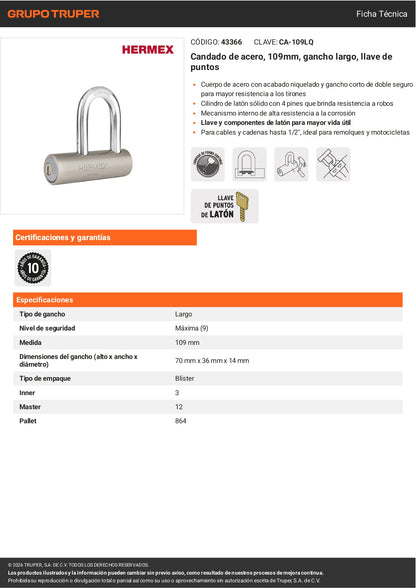 Candado de Seguridad HERMEX 109mm | Gancho Largo, Llave de Puntos