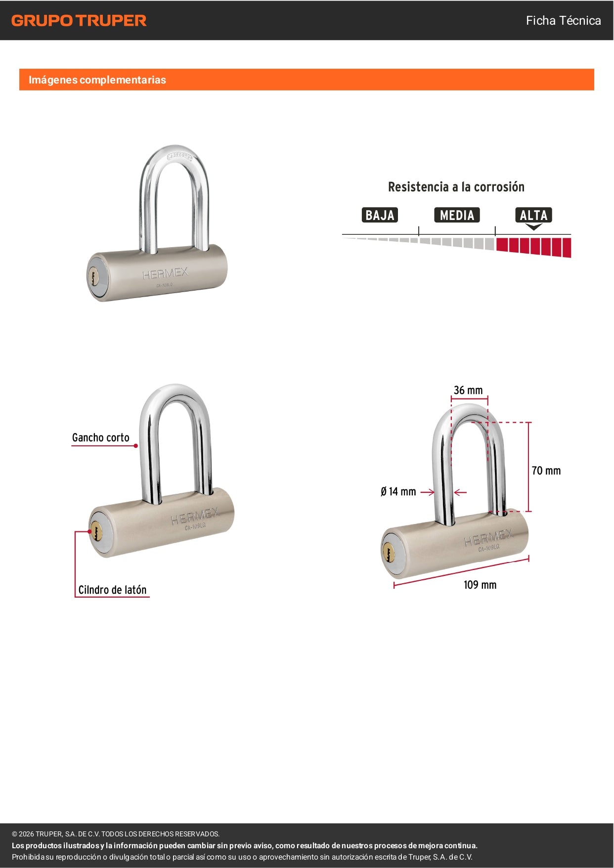 Candado de Seguridad HERMEX 109mm | Gancho Largo, Llave de Puntos