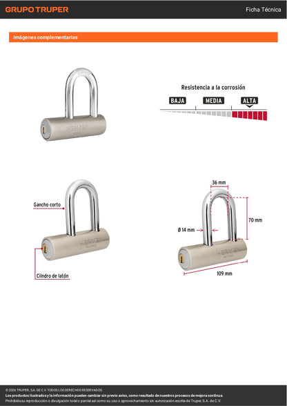 Candado de Seguridad HERMEX 109mm | Gancho Largo, Llave de Puntos