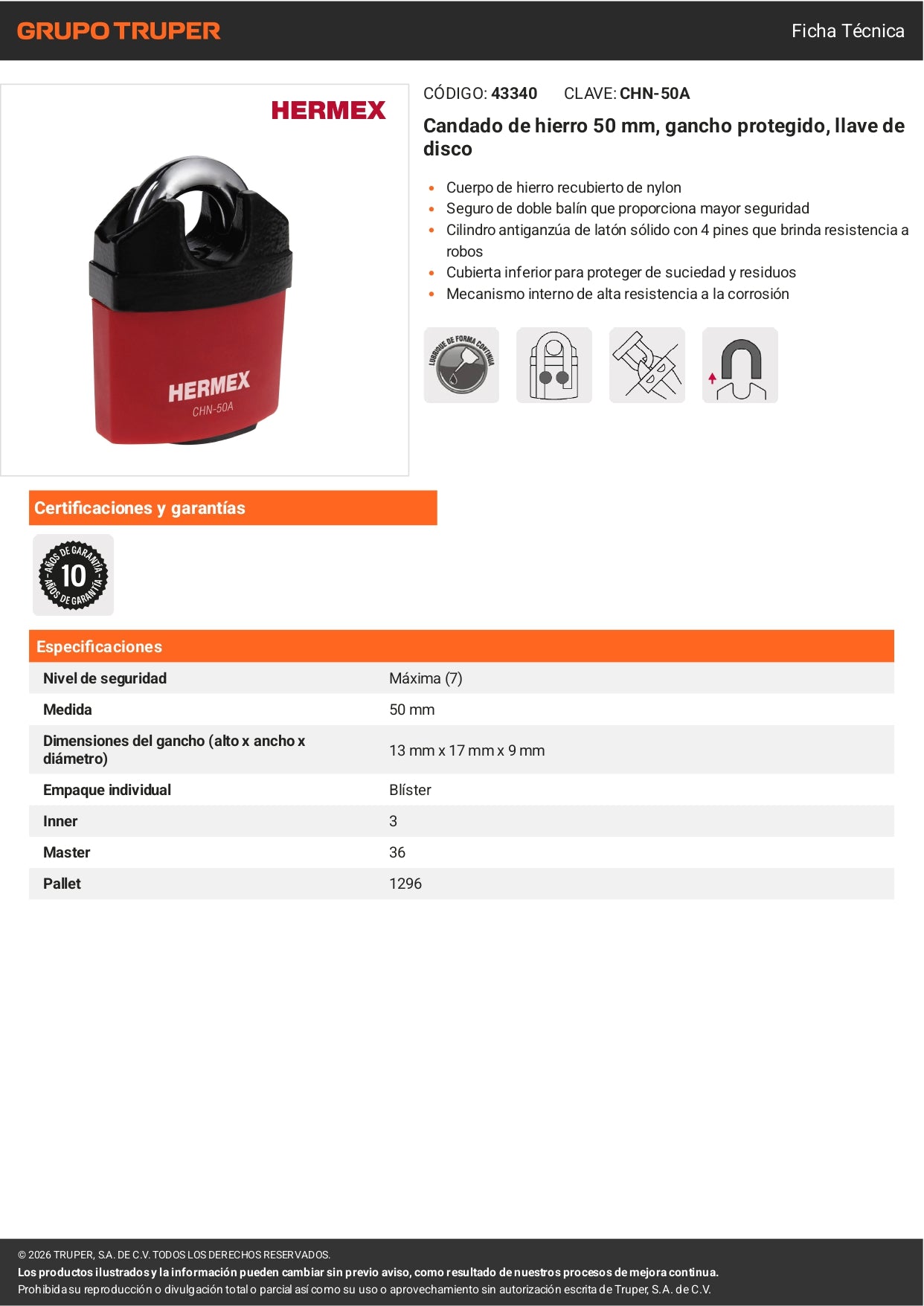 Candado HERMEX 50mm Gancho Protegido | Llave de Disco Alta Seguridad