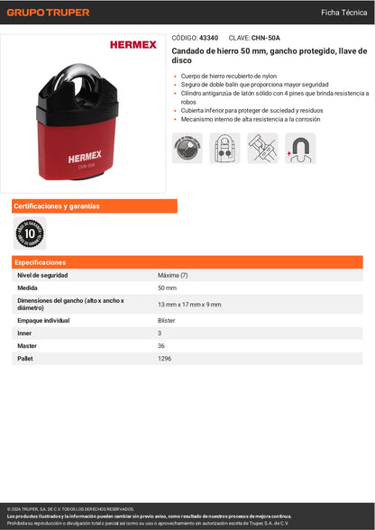 Candado HERMEX 50mm Gancho Protegido | Llave de Disco Alta Seguridad