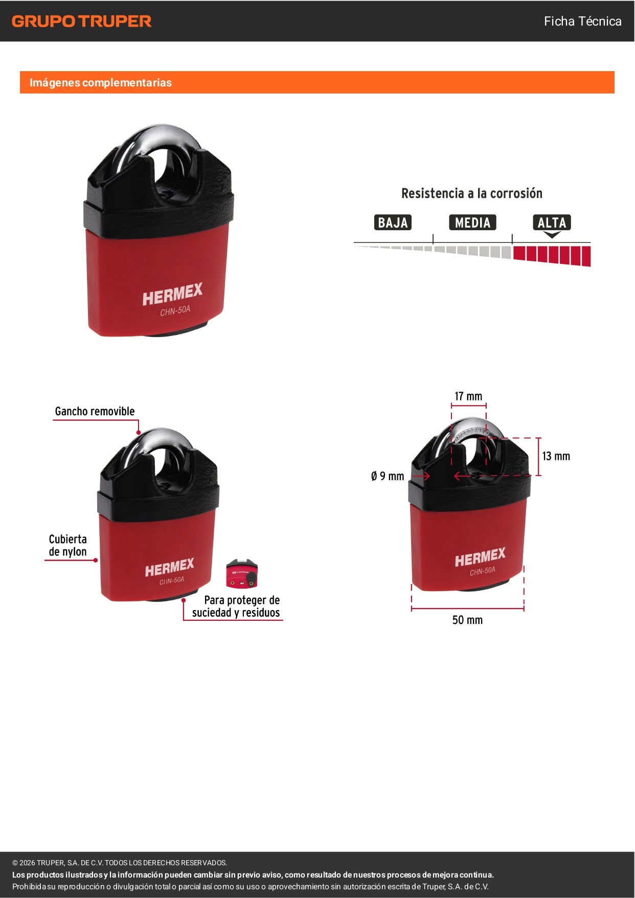 Candado HERMEX 50mm Gancho Protegido | Llave de Disco Alta Seguridad