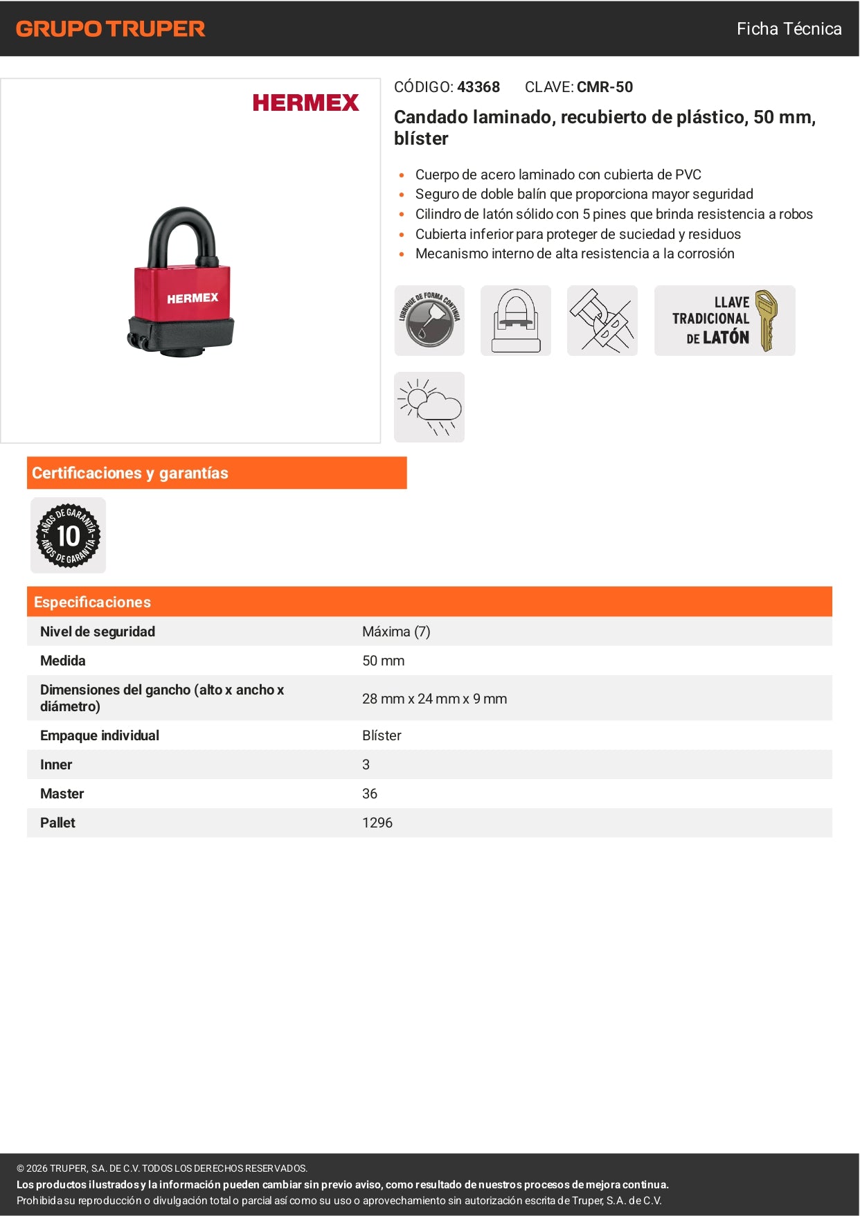 Candado laminado HERMEX de 50 mm con recubrimiento de plástico para mayor protección. Ideal para uso en interiores y exteriores