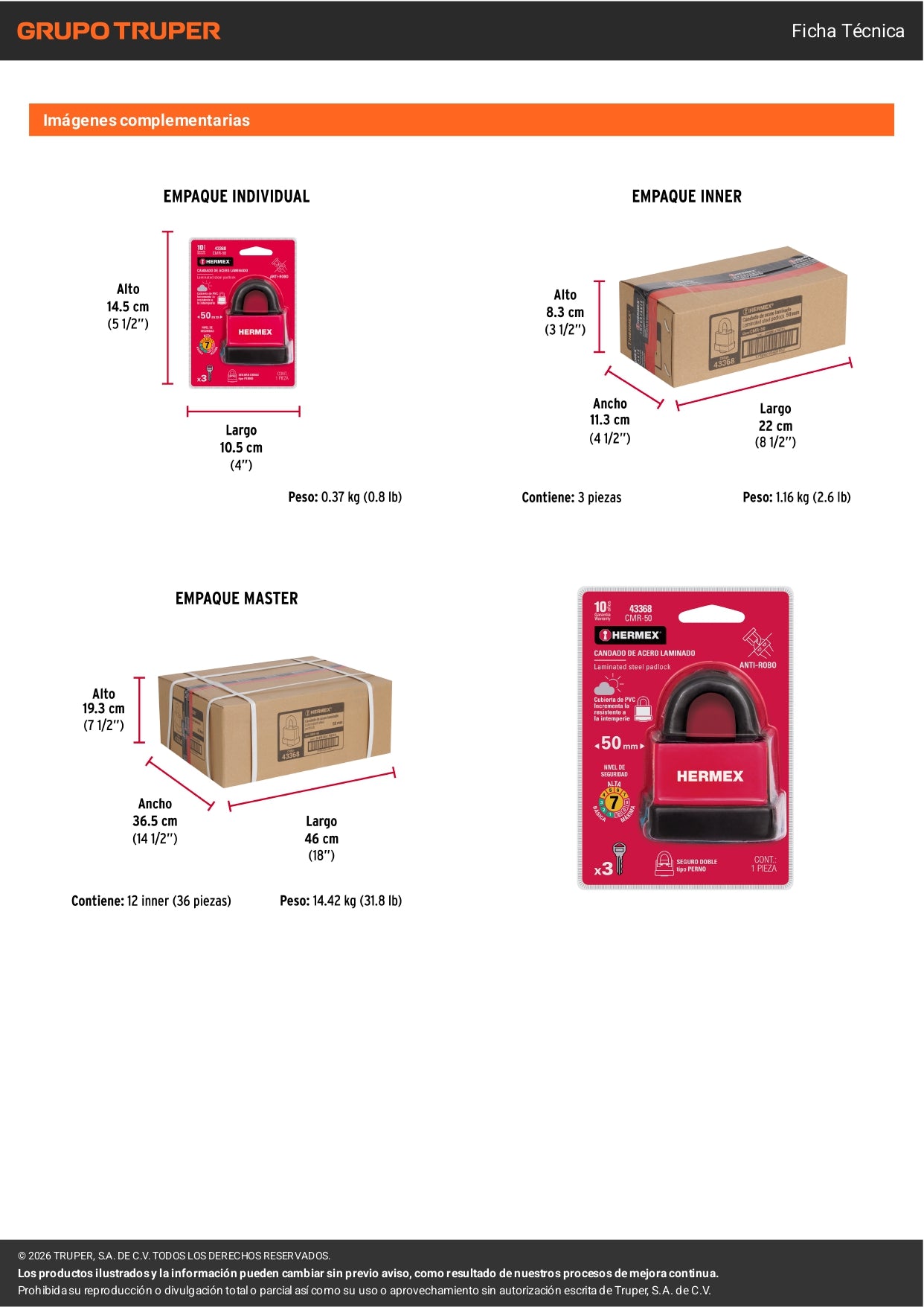 Candado laminado HERMEX de 50 mm con recubrimiento de plástico para mayor protección. Ideal para uso en interiores y exteriores