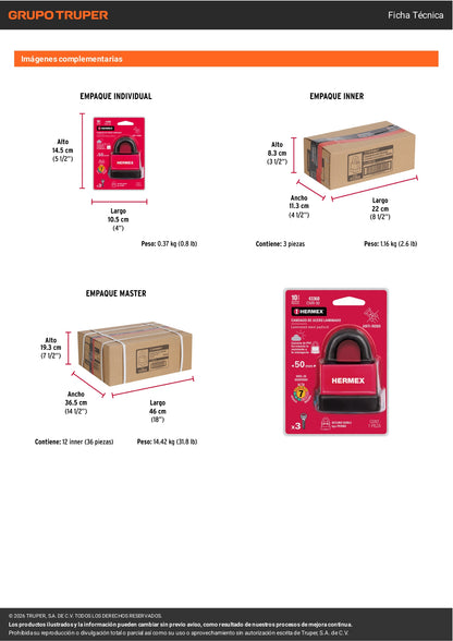 Candado laminado HERMEX de 50 mm con recubrimiento de plástico para mayor protección. Ideal para uso en interiores y exteriores