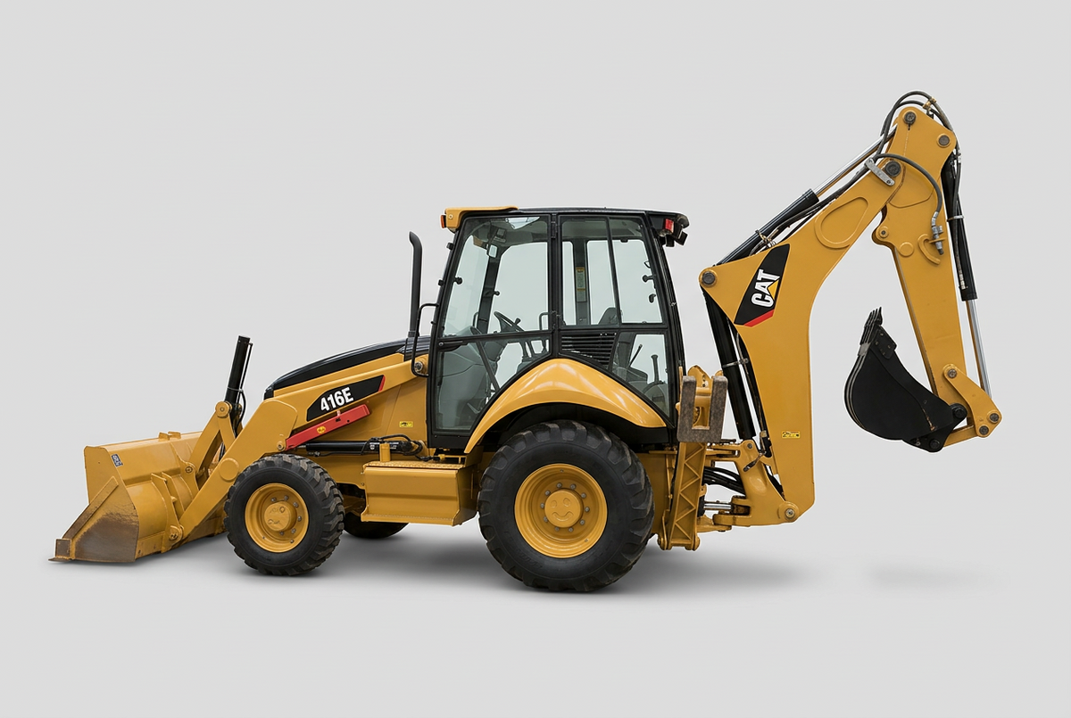Ilustración de la retroexcavadora CAT 416E en fondo de estudio, con cargador frontal y brazo excavador