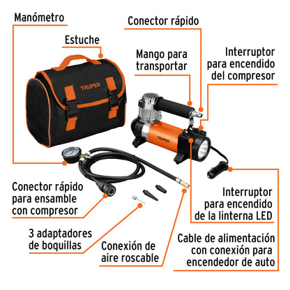 Partes y accesorios del inflador Truper COMP-12: estuche de tela, manguera con manómetro, conector rápido, 3 boquillas y cable para encendedor de auto