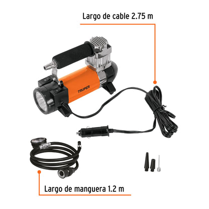 Inflador Truper COMP-12 con cable de alimentación de 2.75 m y manguera de 1.2 m con manómetro
