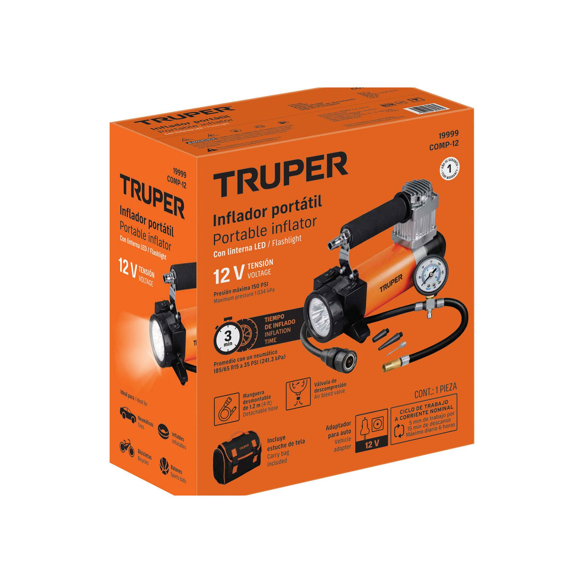 Caja del inflador portátil Truper COMP-12 de 12 V con linterna LED