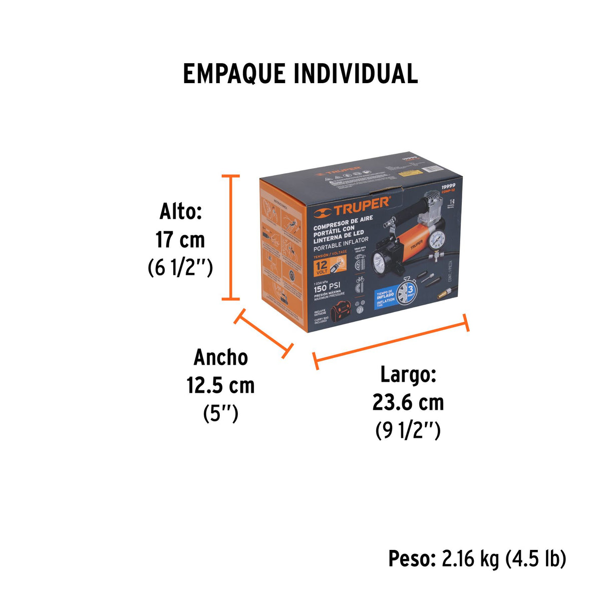 Medidas del empaque del inflador Truper COMP-12: 23.6 cm de largo, 12.5 cm de ancho y 17 cm de alto; pesa 2.16 kg