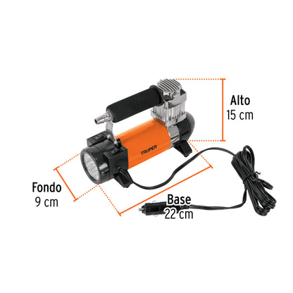 Medidas del inflador portátil Truper COMP-12: 22 cm de base, 15 cm de alto y 9 cm de fondo
