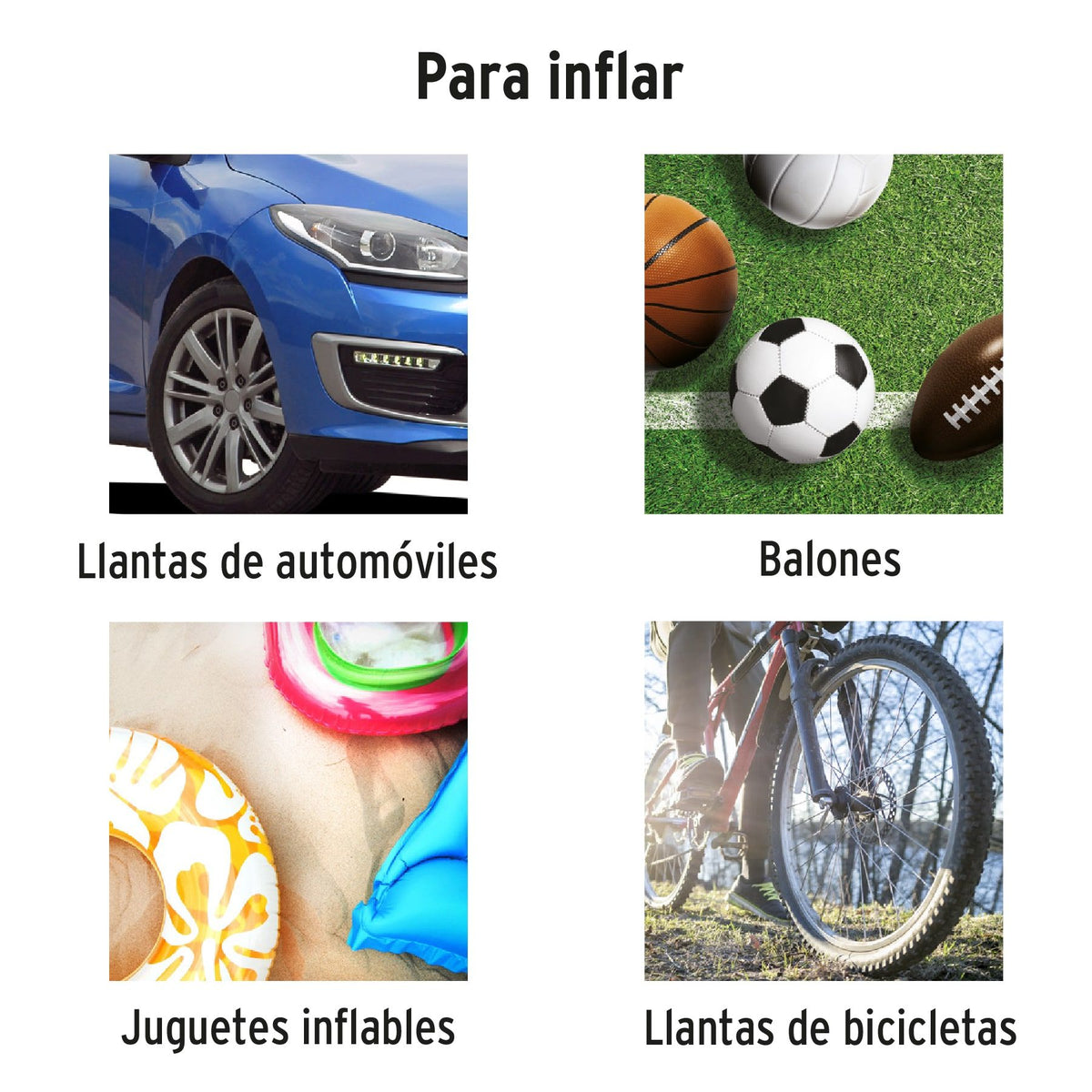 Usos del inflador portátil Truper: llantas de automóviles, balones, juguetes inflables y llantas de bicicletas