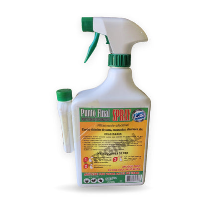 Reverso de la etiqueta de Punto Final Spray con instrucciones de uso