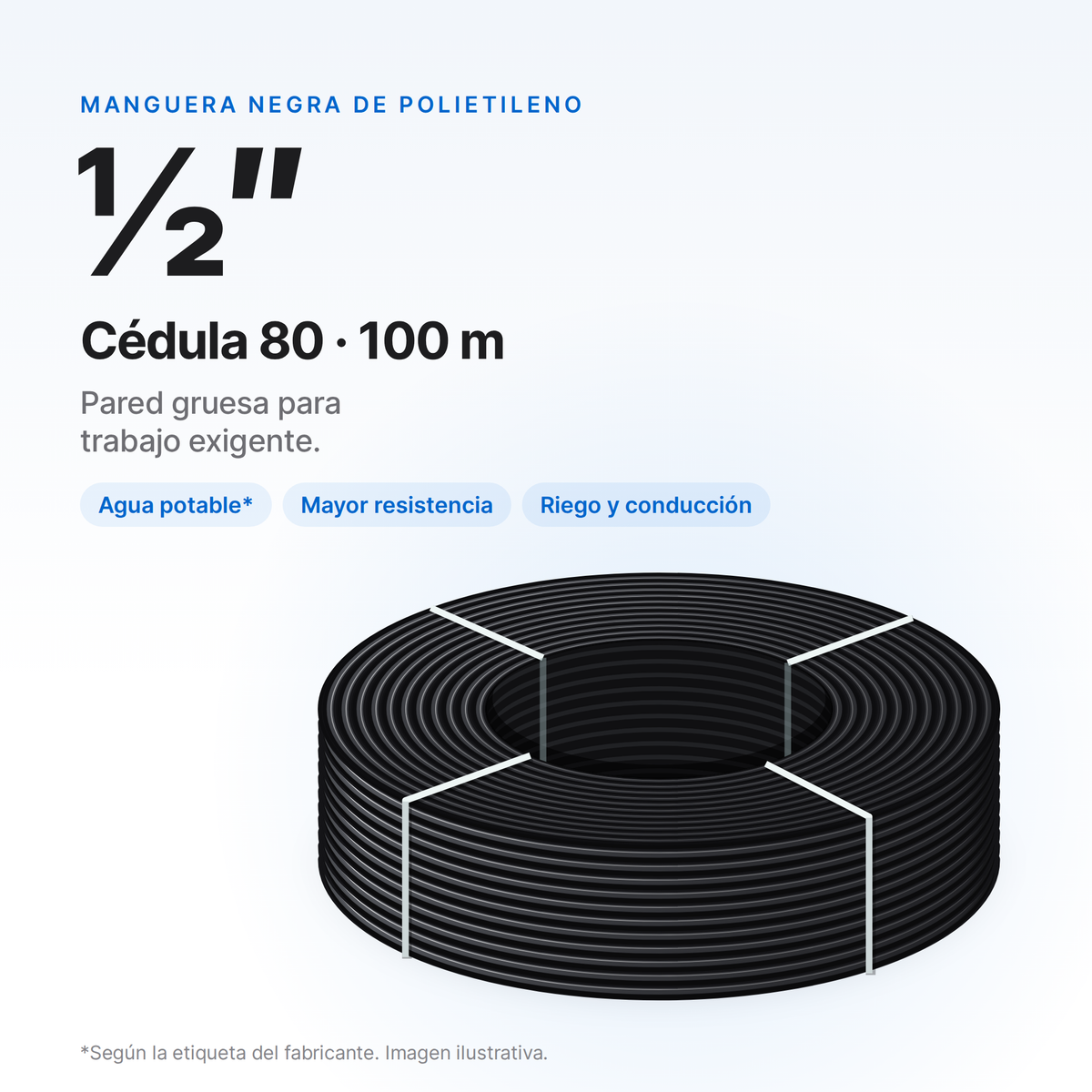 Manguera negra de polietileno de 1/2 pulgada, cédula 80, en rollo de 100 m para agua potable y riego