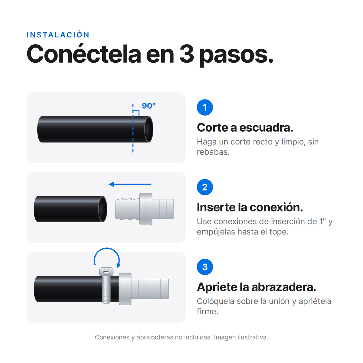 Cómo conectar la manguera negra de 1 pulgada con conexión de inserción y abrazadera, en 3 pasos
