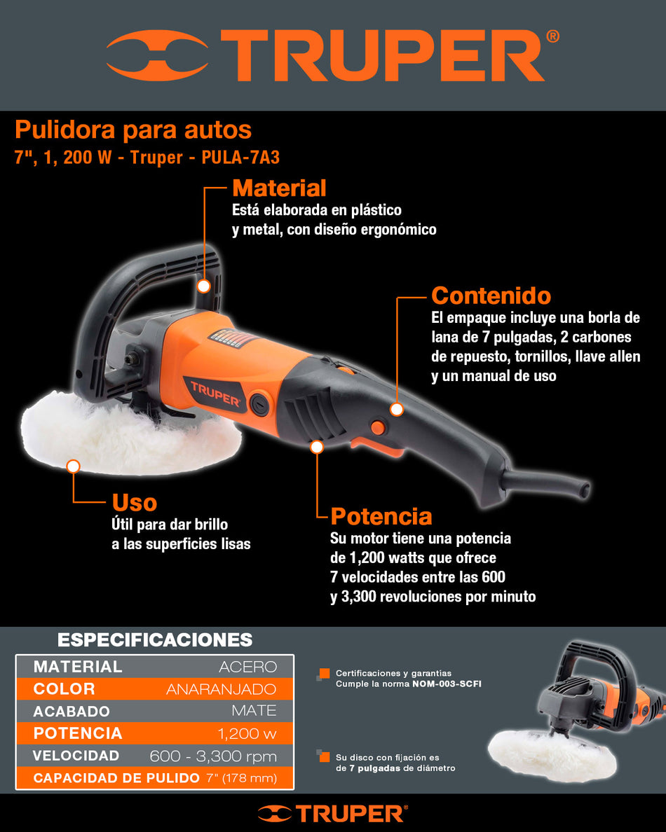 Pulidora 7" 1200 W velocidad variable, profesional, Truper