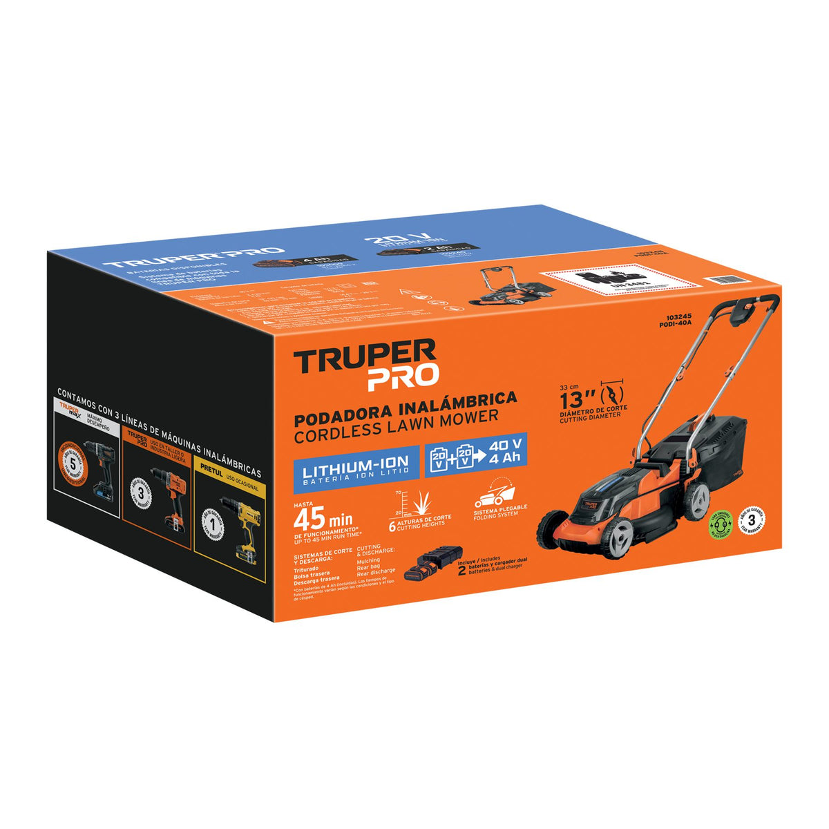 Caja de la podadora inalámbrica Truper PRO PODI-40A de 40 V y 13 pulgadas, con sello de 3 años de garantía