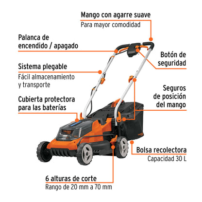 Partes de la podadora Truper PRO PODI-40A: mango con agarre suave, botón de seguridad, sistema plegable y 6 alturas de corte