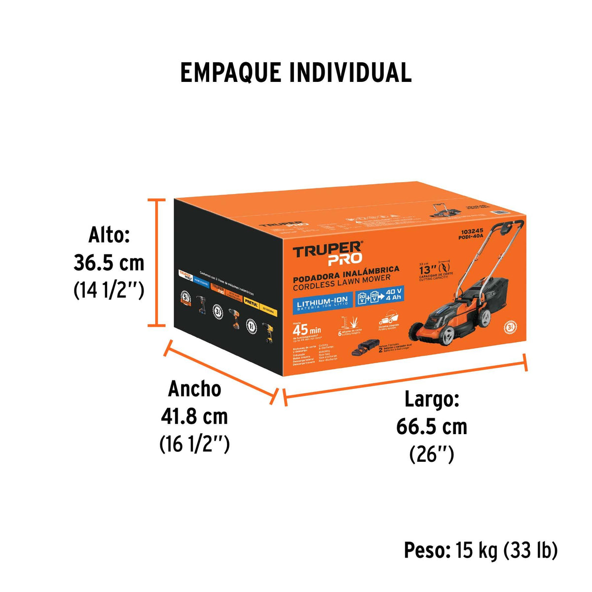 Medidas de la caja de la podadora Truper PRO PODI-40A: 66.5 x 41.8 x 36.5 cm y 15 kg