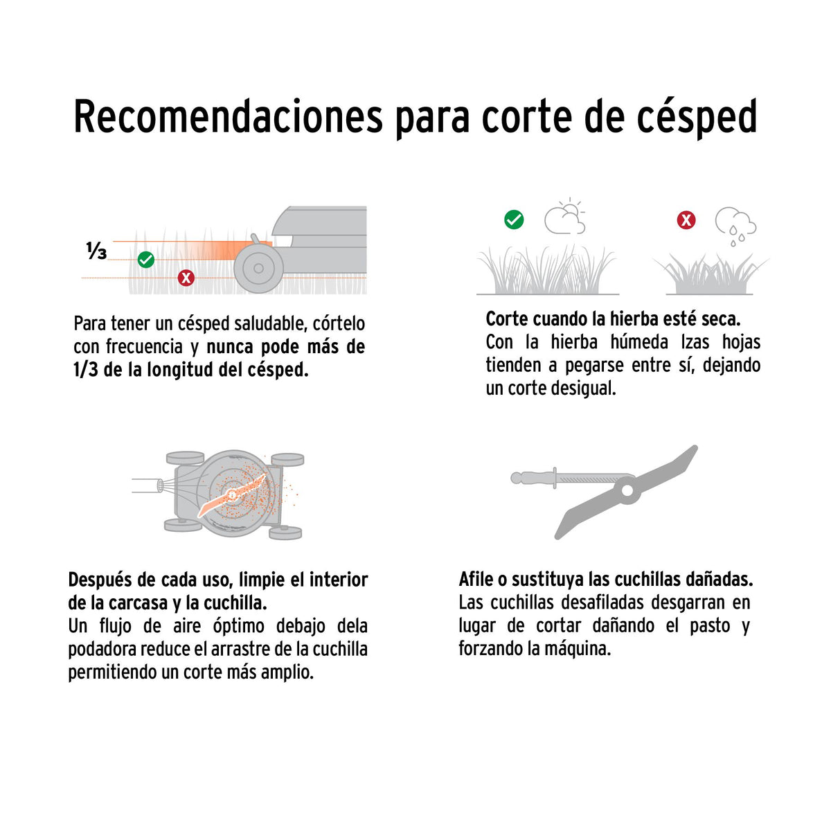 Recomendaciones de Truper para cortar el césped con la podadora PODI-40A: altura, pasto seco, limpieza y cuchillas