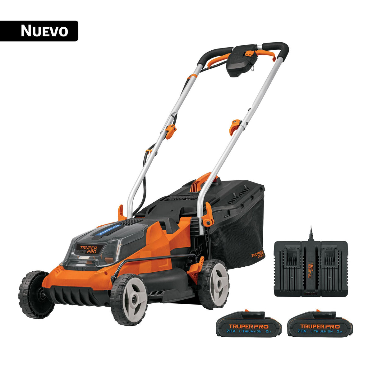 Podadora inalámbrica Truper PRO PODI-40A de 40 V con bolsa recolectora, 2 baterías de 20 V y cargador dual