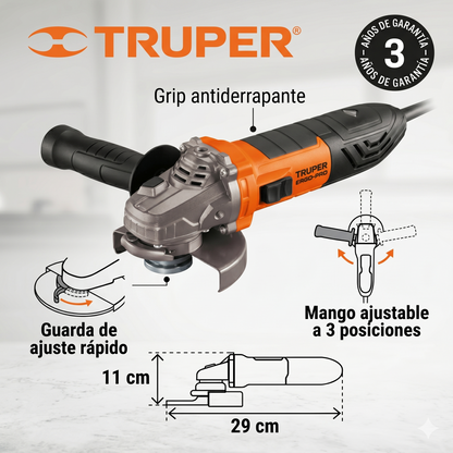 Esmeriladora Angular 4-1/2" 850W TRUPER ERGO PRO - Motor Balero Bolas Mango Ajustable