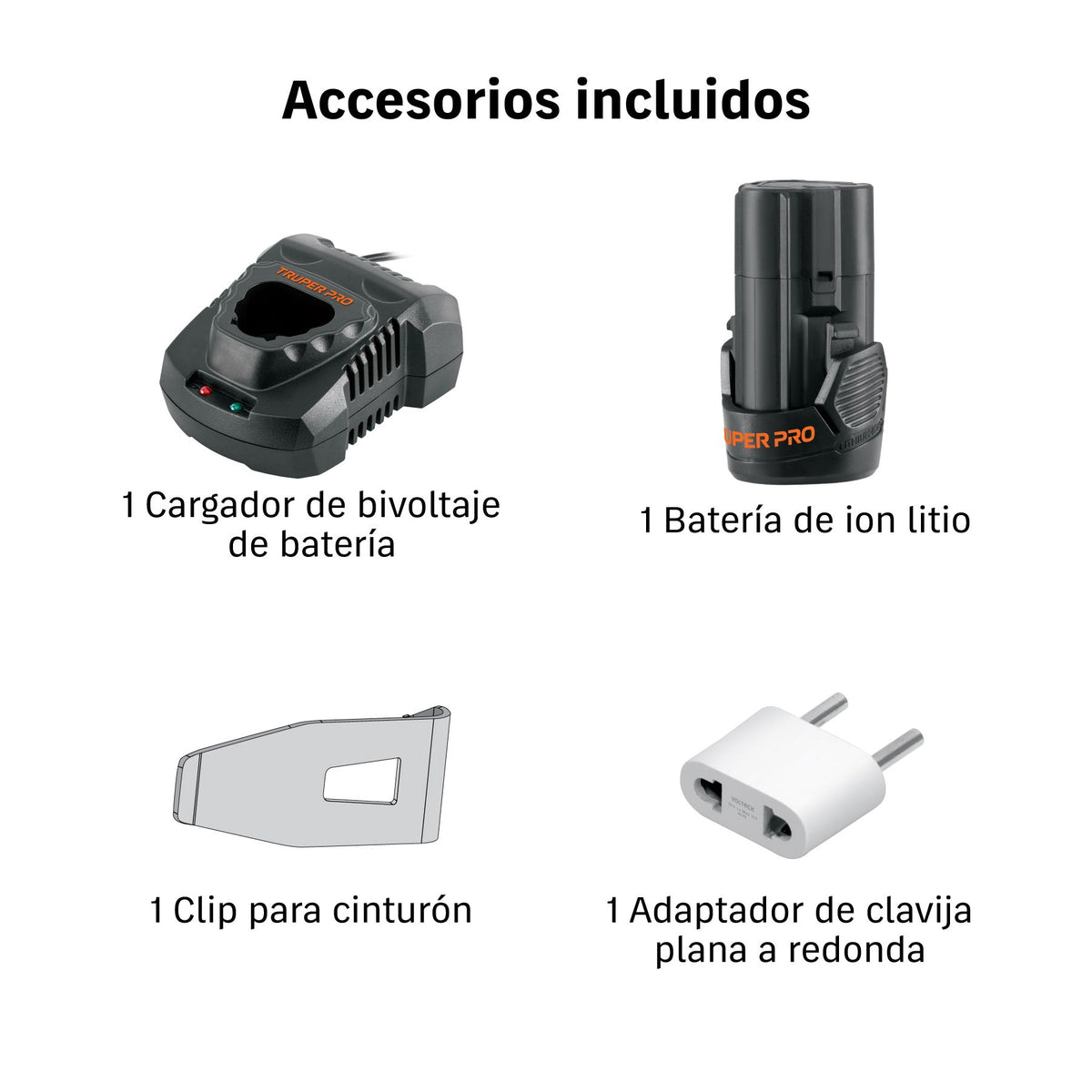 Accesorios incluidos con el rotomartillo Truper Pro A12-ROT-1: cargador bivoltaje, batería de ion litio, clip para cinturón y adaptador de clavija