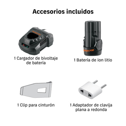 Accesorios incluidos con el rotomartillo Truper Pro A12-ROT-1: cargador bivoltaje, batería de ion litio, clip para cinturón y adaptador de clavija