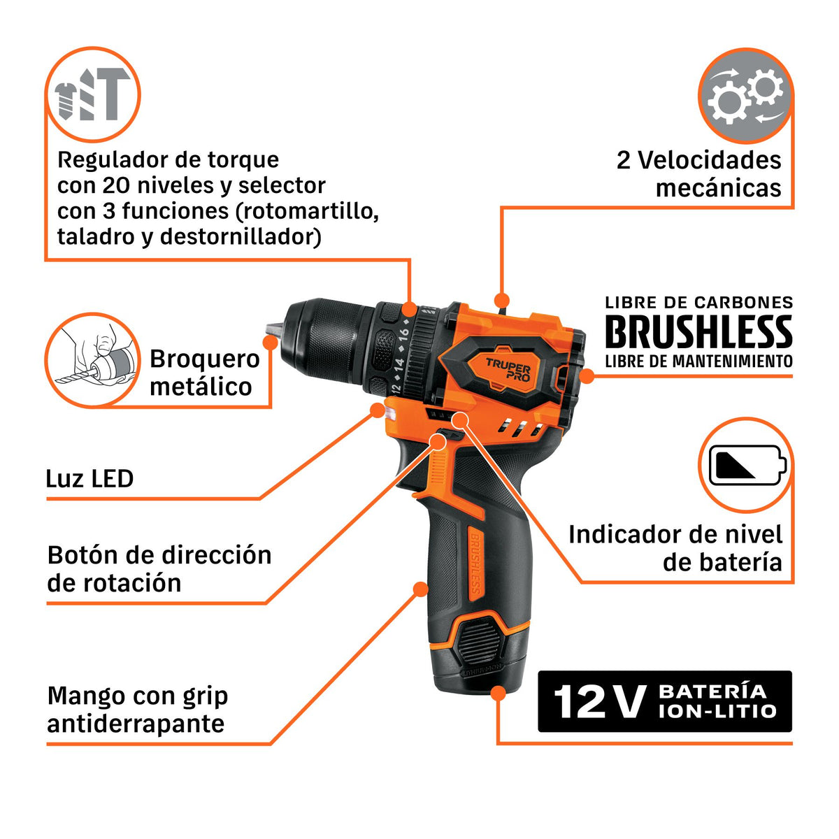 Características del rotomartillo Truper Pro A12-ROT-1: regulador de torque de 20 niveles, 2 velocidades, motor brushless, broquero metálico y luz LED