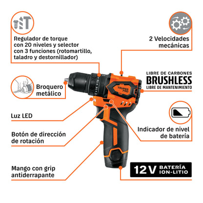 Características del rotomartillo Truper Pro A12-ROT-1: regulador de torque de 20 niveles, 2 velocidades, motor brushless, broquero metálico y luz LED