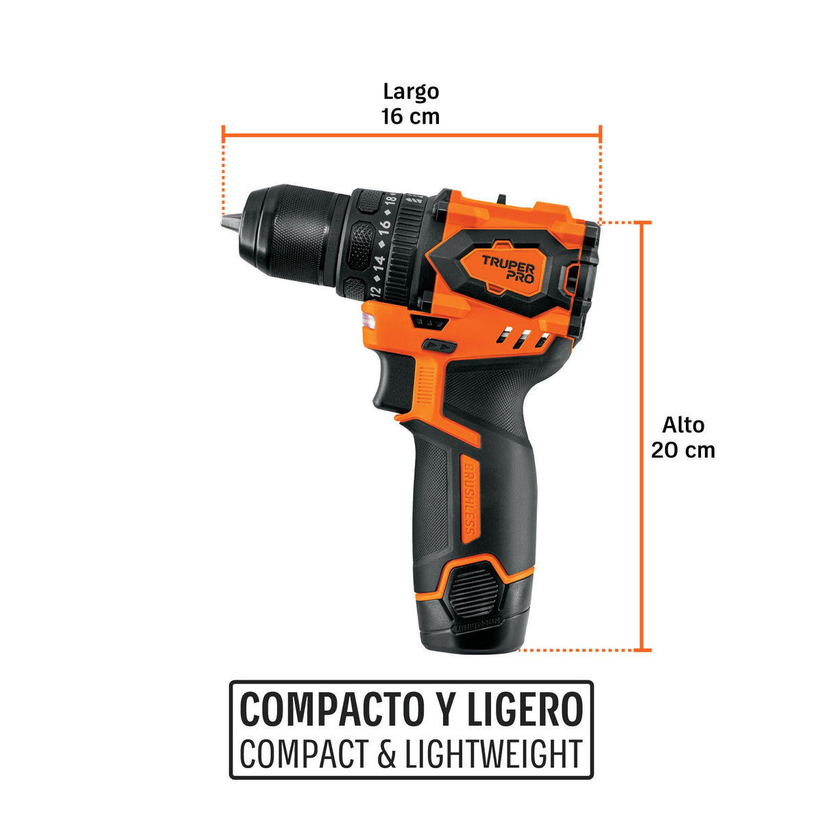 Medidas del rotomartillo inalámbrico Truper Pro de 12 V: 16 cm de largo por 20 cm de alto