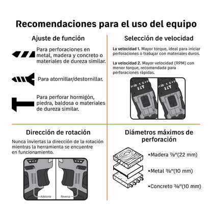 Guía de uso del rotomartillo Truper Pro de 12 V: selección de función y velocidad, dirección de giro y diámetros máximos de perforación