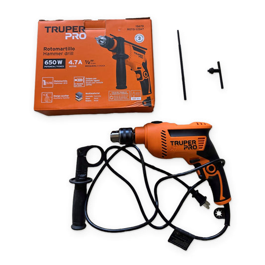 Rotomartillo TRUPER PRO® 1/2” 650W con su caja, mango auxiliar, varilla de profundidad, llave de broquero y cable con clavija
