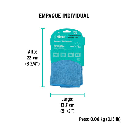 Empaque individual de la toalla Klintek MIC-40: 22 cm de alto, 13.7 cm de largo y 0.06 kg