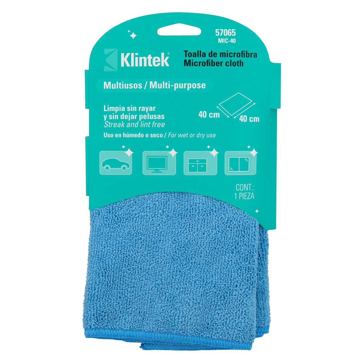 Toalla de microfibra Klintek MIC-40 de 40 x 40 cm en su empaque: multiusos, limpia sin rayar y sin dejar pelusas