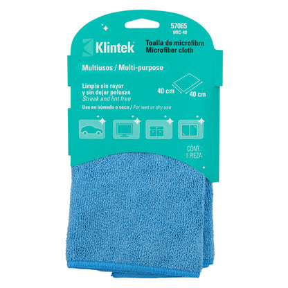 Toalla de microfibra Klintek MIC-40 de 40 x 40 cm en su empaque: multiusos, limpia sin rayar y sin dejar pelusas