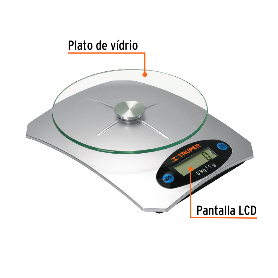 Báscula capacidad 5 kg digital para cocina c/plato de vidrio