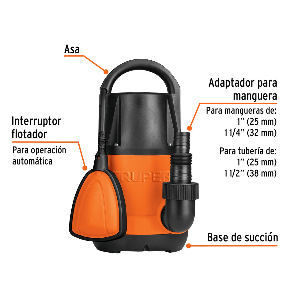 Bomba sumergible plastica para agua limpia 1/2 HP, Truper