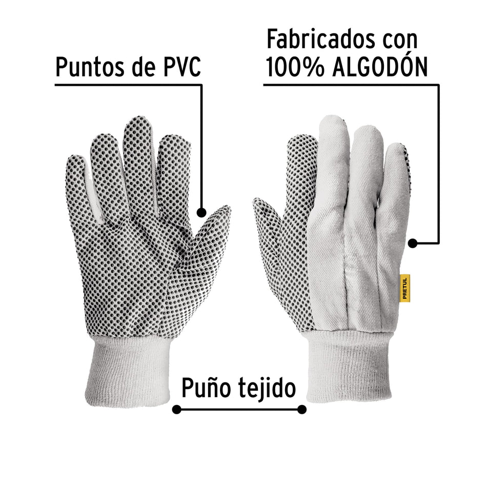 Guantes de algodón con puntos PVC en palma, unitalla, Pretul