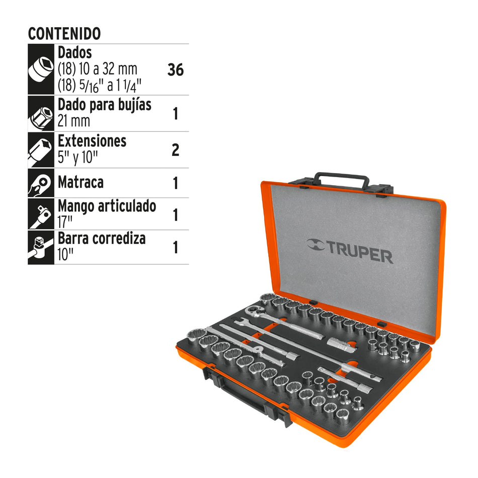 Juego de 42 herramientas cuadro 1/2" std y mm para Mecánico, Mantenimiento, Autocle.