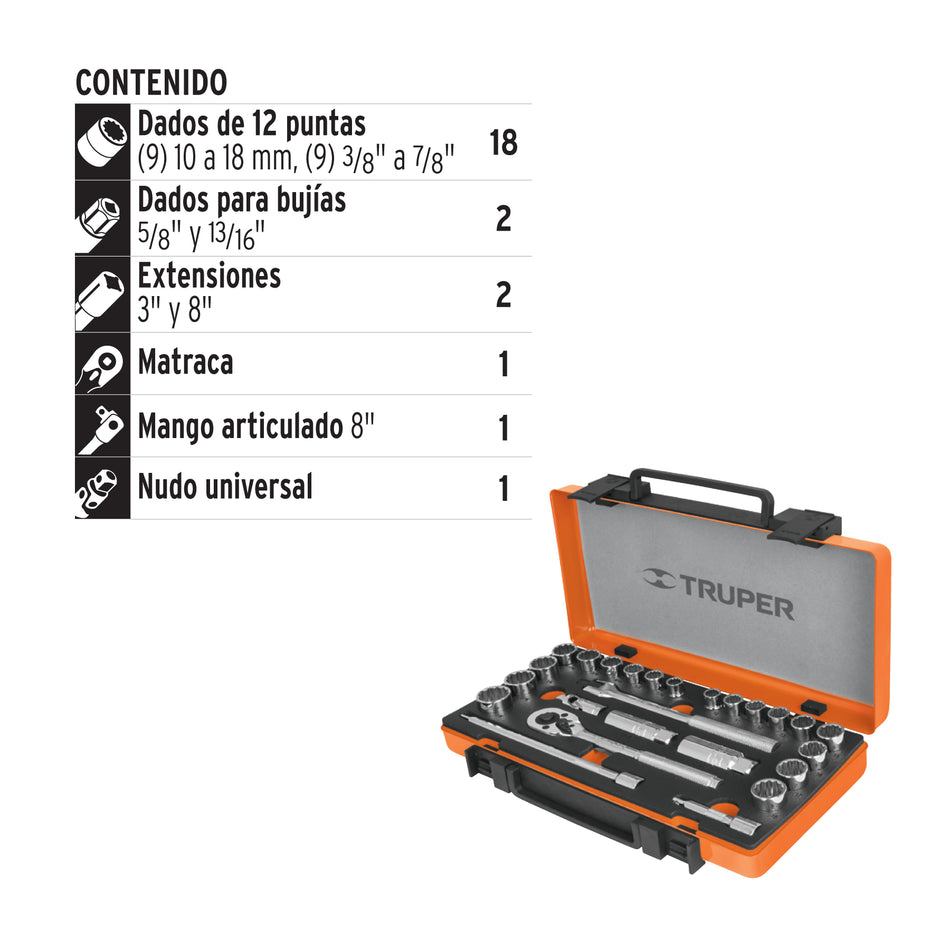 Juego de 25 herramientas cuadro 3/8" std y mm para Mecánico, Mantenimiento, Autocle.