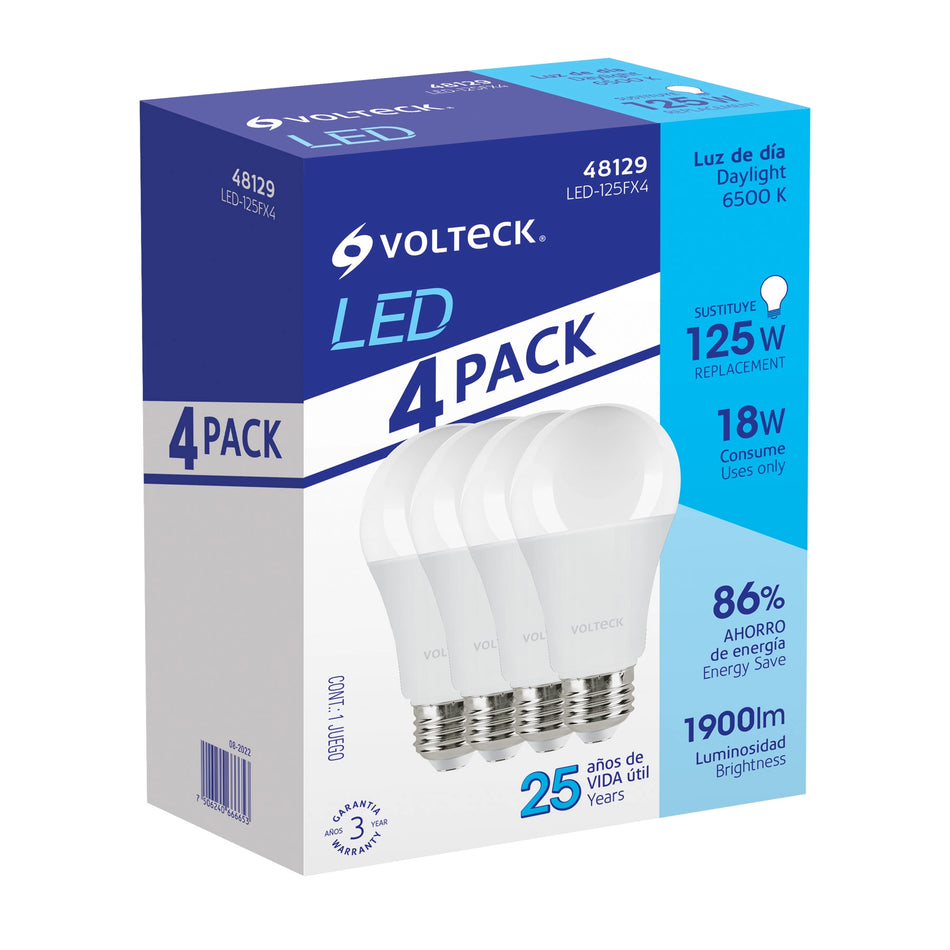 Pack de 4 lámparas de LED A19 18 W luz de día, caja, Volteck