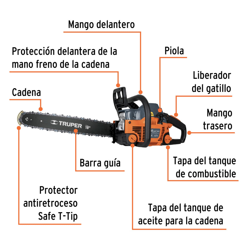 Motosierra 45 cc a gasolina con barra de 18", Truper, Motoserrucho, Tala arboles