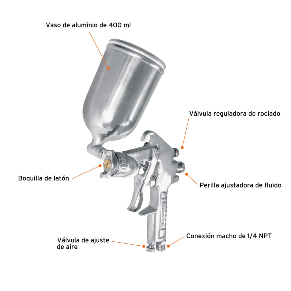 Pistola p/pintar gravedad LVMP vaso aluminio, 1.4 mm, Truper