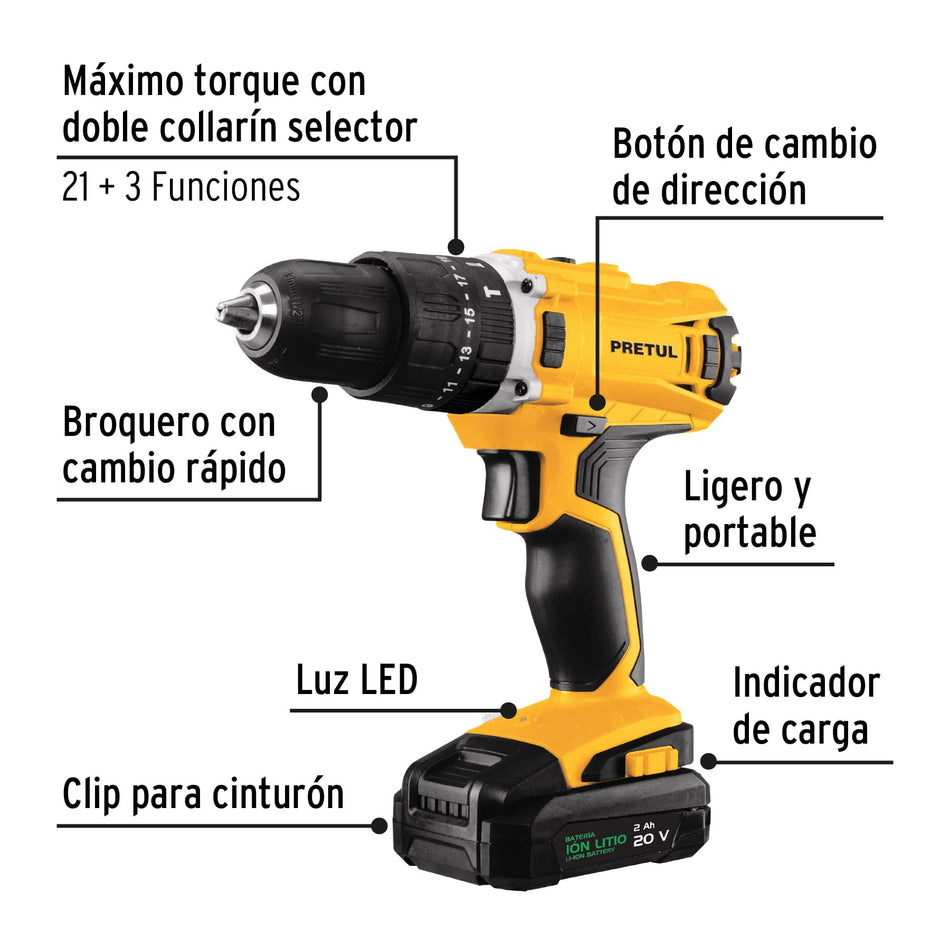 Kit rotomartillo inalámbrico 1/2" 20V y 32 accesorios Pretul