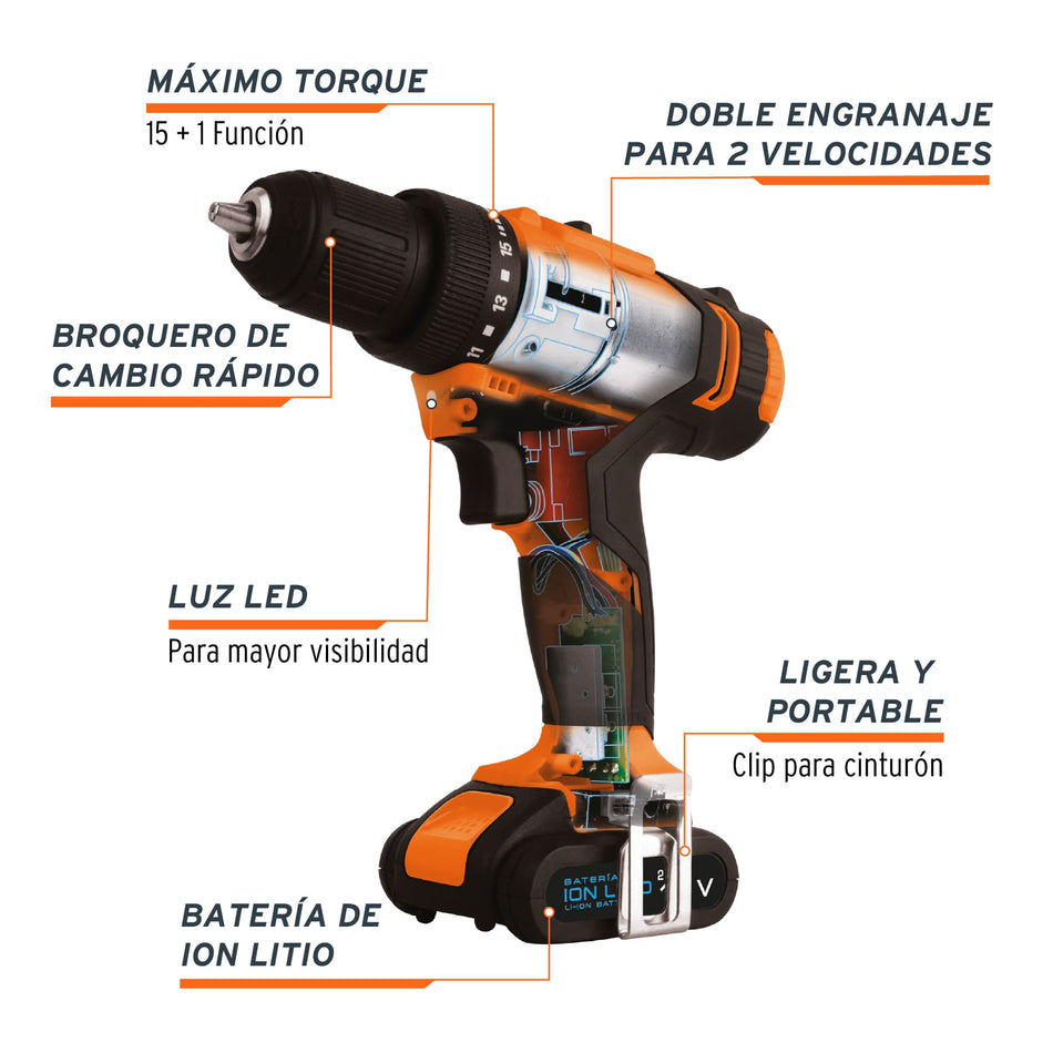 Taladro inalámbrico 3/8", 12 V, Truper, Mecanico, Carpinteria, Construccion.