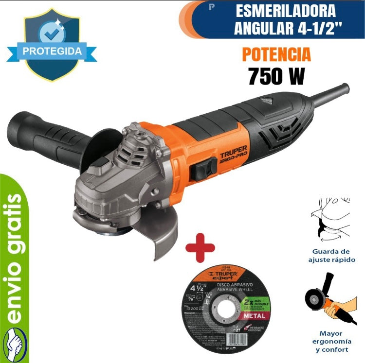 Esmeriladora angular 4-1/2" 750 W, ERGO-PRO, Truper