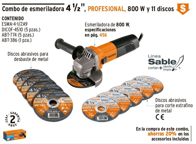 Esmeriladora 4-1/2" 800 W, 5 discos de corte y 6 desbaste