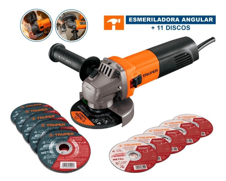 Esmeriladora 4-1/2" 800 W, 5 discos de corte y 6 desbaste